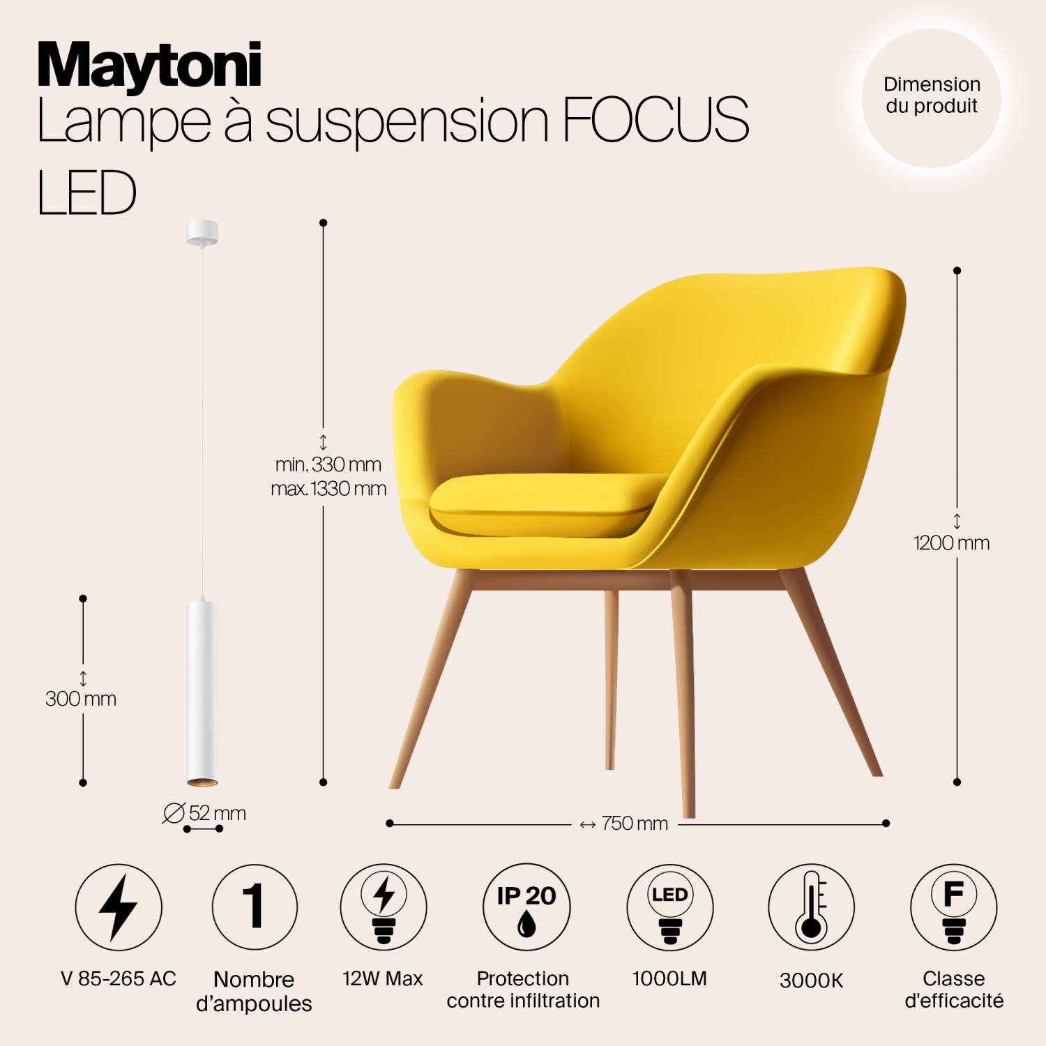 Maytoni Technical Focus LED Подвесной светильник цвет: белый P072PL-L12W3K-1