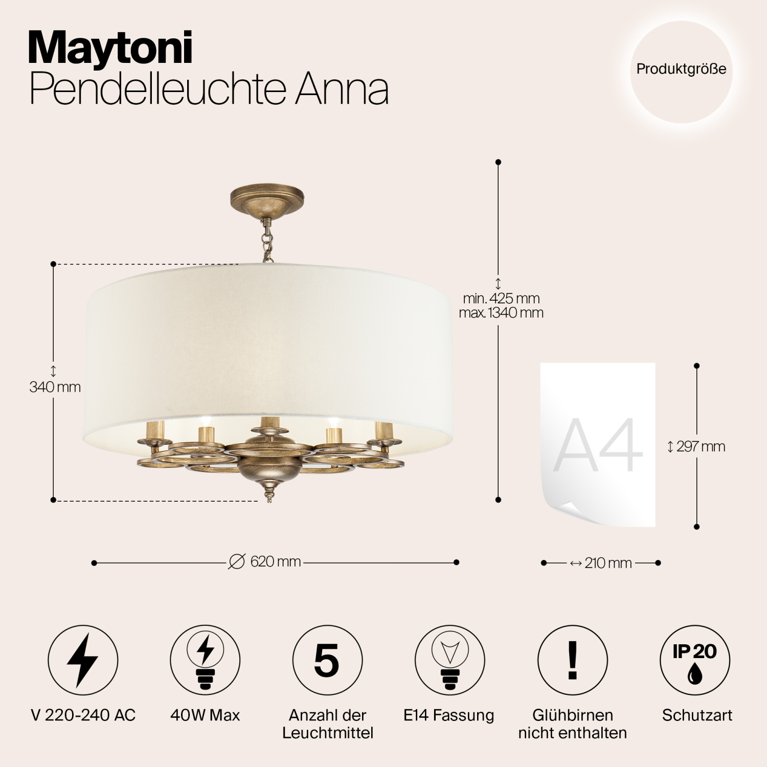 Maytoni Classic Anna Подвесной светильник цвет: золото H007PL-05G