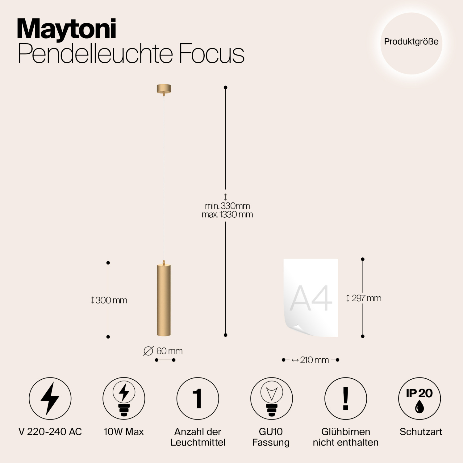 Maytoni Technical Focus Подвесной светильник цвет: матовое золото P075PL-01MG
